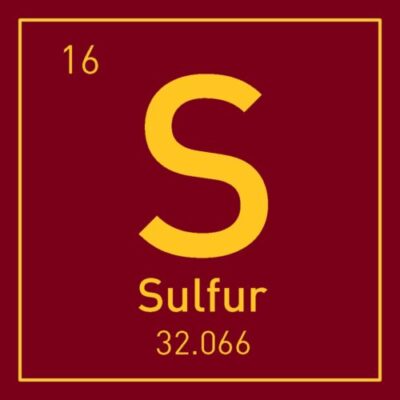 Element sulfur with atomic number 16 and weight 32.066